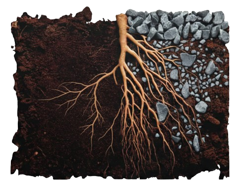 Doorsnede van de bodem: oranje wortels tussen luchtige aarde en natuurlijke grit