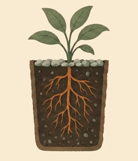 Doorsnede van een plant in een pot: grit door de potgrond gemengd en als toplaag bovenop